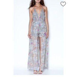 essue Floral Print Gray Maxi Romper Dress With Sheer Overlay Halter Neck Size L